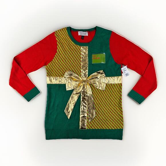 Tacky Christmas Sweater Womens L Gift Wrap Bow Red Green Gold Holiday NWT - Picture 1 of 9